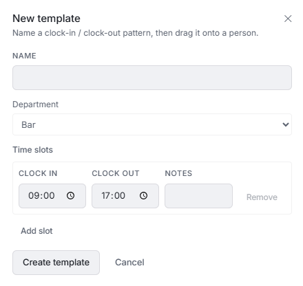 New shift template for the Bar, 09:00 to 17:00.